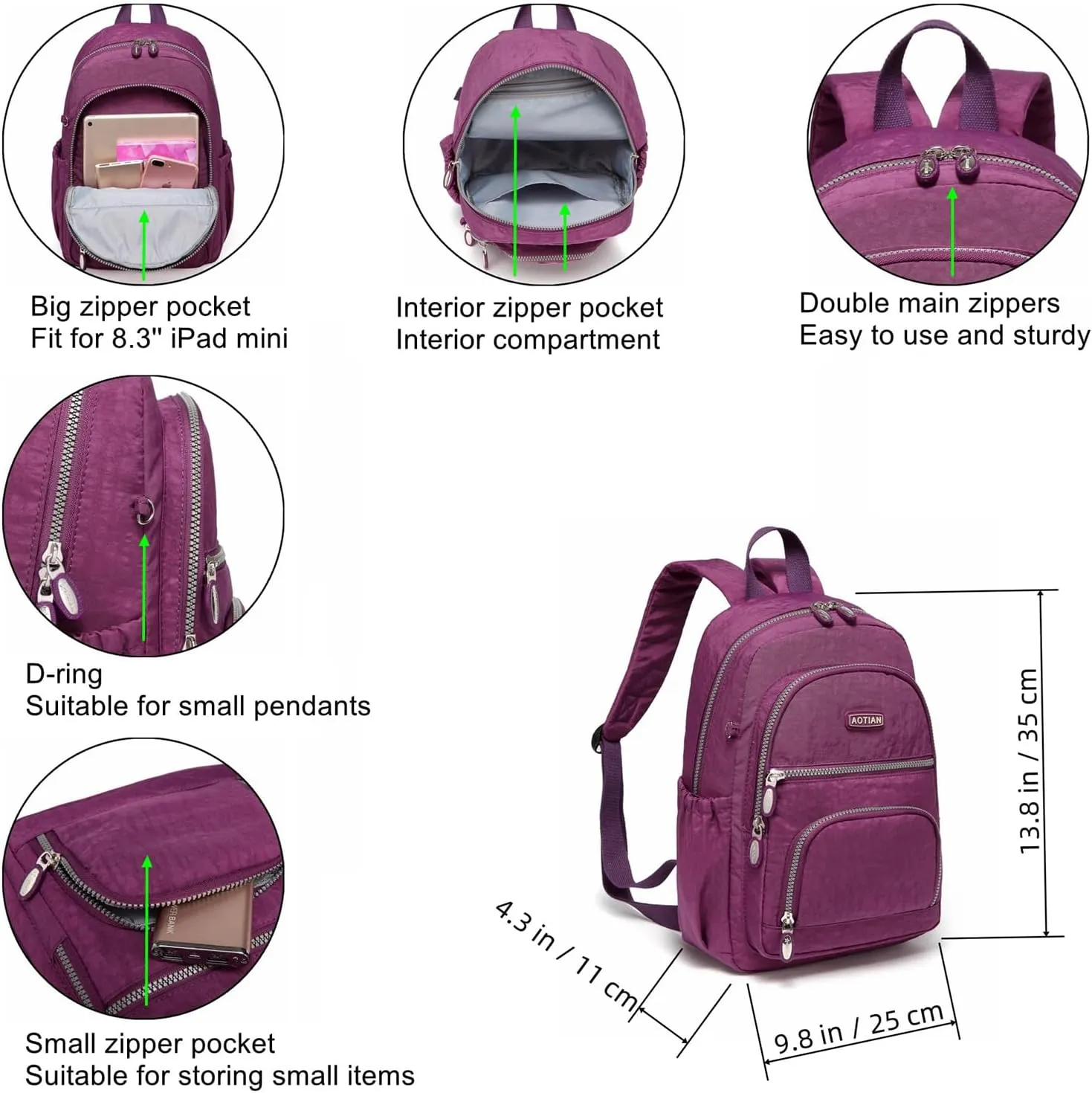 AOTIAN Mini Daypack with Anti-Theft Back Zipper Pocket, Durable Small Lightweight Backpack for Women Girls & Boys Hiking Travel Sports, Height 13 inches