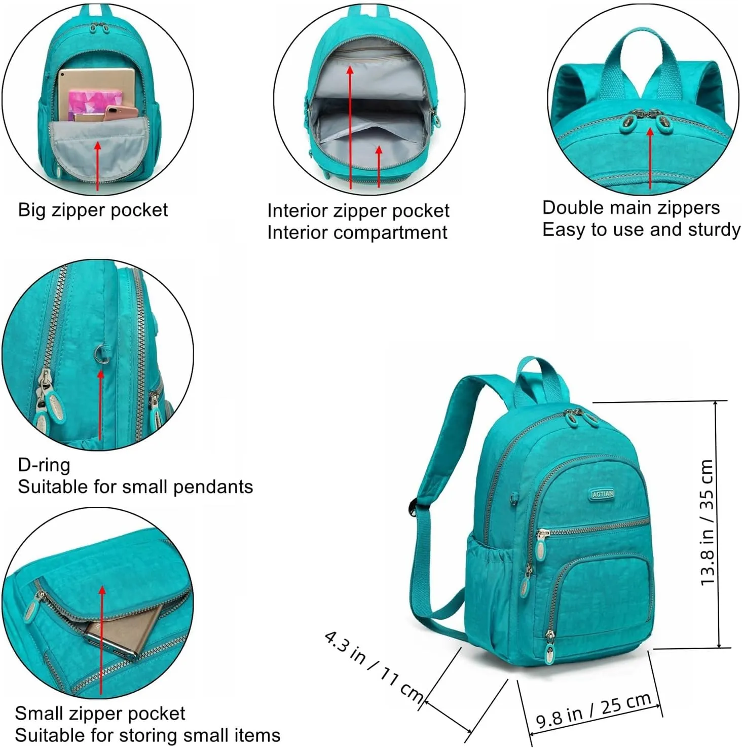 AOTIAN Mini Daypack with Anti-Theft Back Zipper Pocket, Durable Small Lightweight Backpack for Women Girls & Boys Hiking Travel Sports, Height 13 inches