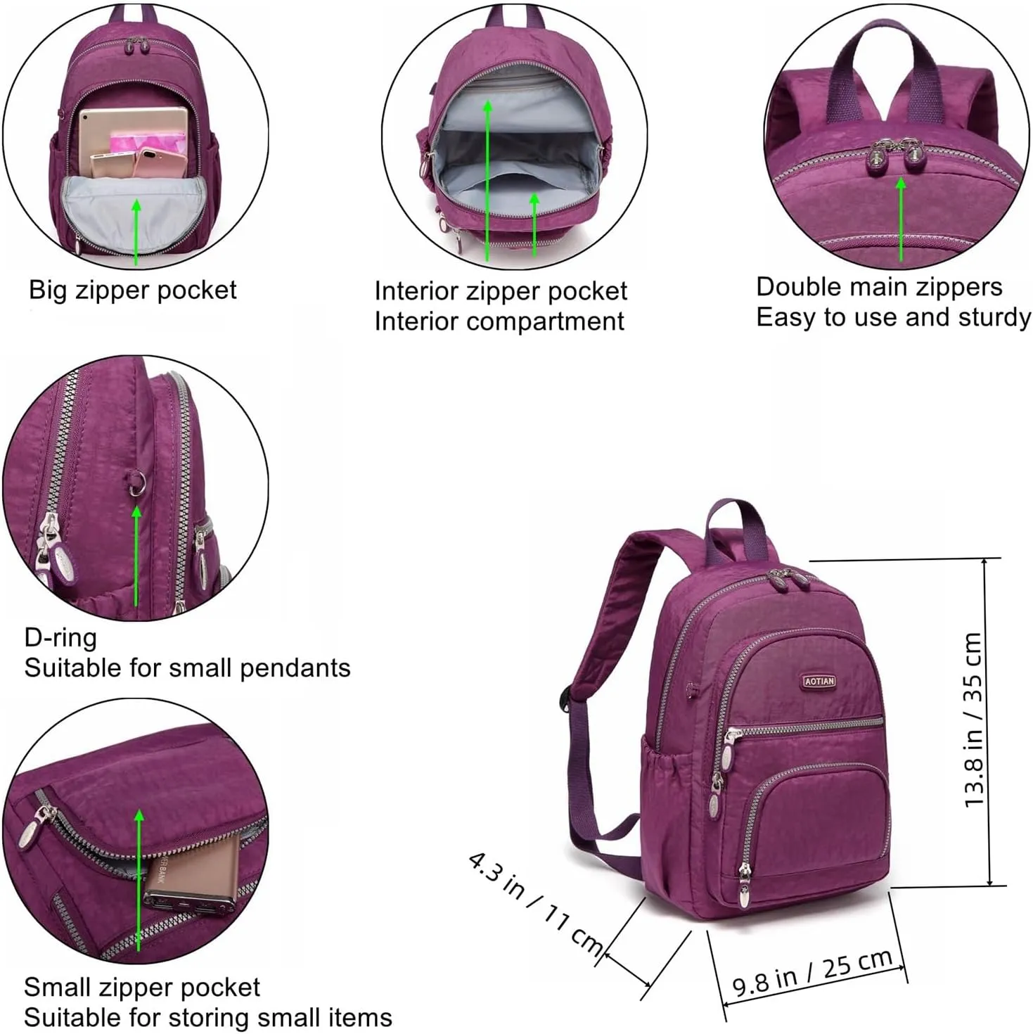 AOTIAN Mini Daypack with Anti-Theft Back Zipper Pocket, Durable Small Lightweight Backpack for Women Girls & Boys Hiking Travel Sports, Height 13 inches