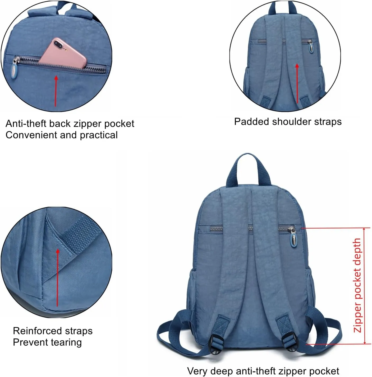 AOTIAN Mini Daypack with Anti-Theft Back Zipper Pocket, Durable Small Lightweight Backpack for Women Girls & Boys Hiking Travel Sports, Height 13 inches