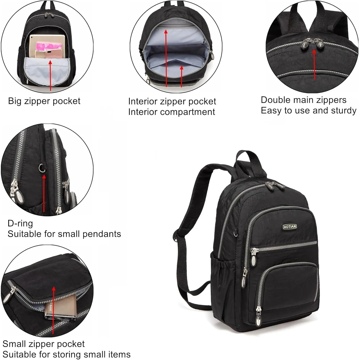 AOTIAN Mini Daypack with Anti-Theft Back Zipper Pocket, Durable Small Lightweight Backpack for Women Girls & Boys Hiking Travel Sports, Height 13 inches
