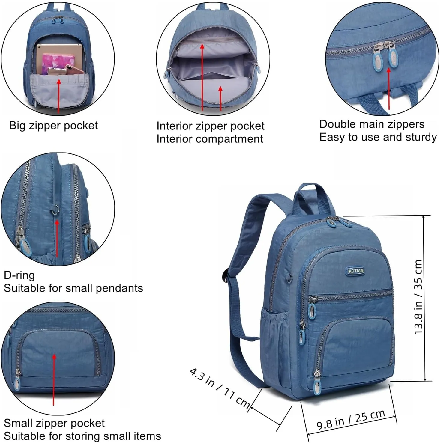 AOTIAN Mini Daypack with Anti-Theft Back Zipper Pocket, Durable Small Lightweight Backpack for Women Girls & Boys Hiking Travel Sports, Height 13 inches
