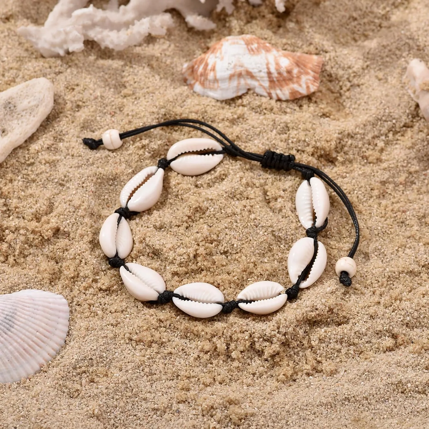 ATIMIGO Adjustable Nature Puka Shell Ankle Bracelet Cowrie Shell Anklet Handmade Boho Hawaiian Beach Surfer Seashell Braided Anklet Foot Jewelry for Women