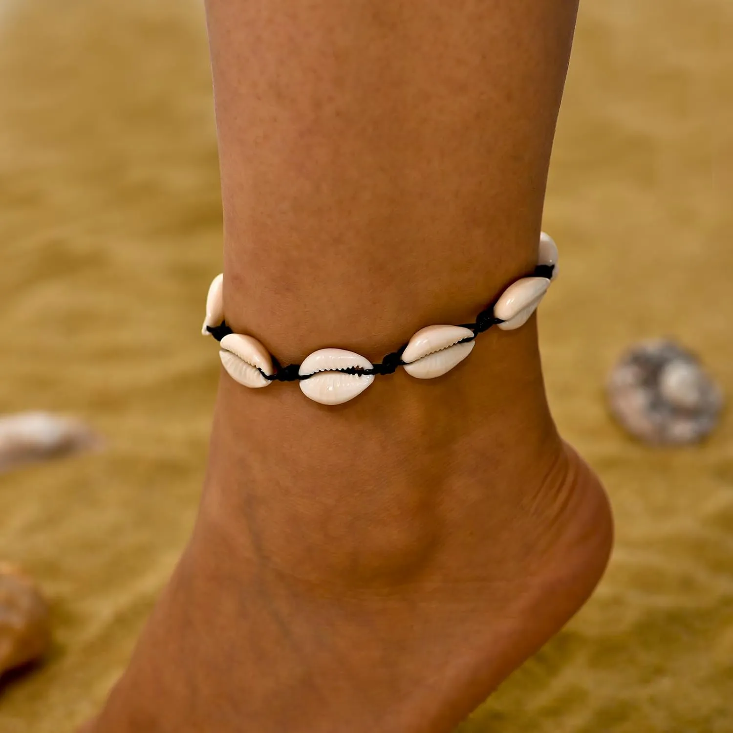 ATIMIGO Adjustable Nature Puka Shell Ankle Bracelet Cowrie Shell Anklet Handmade Boho Hawaiian Beach Surfer Seashell Braided Anklet Foot Jewelry for Women