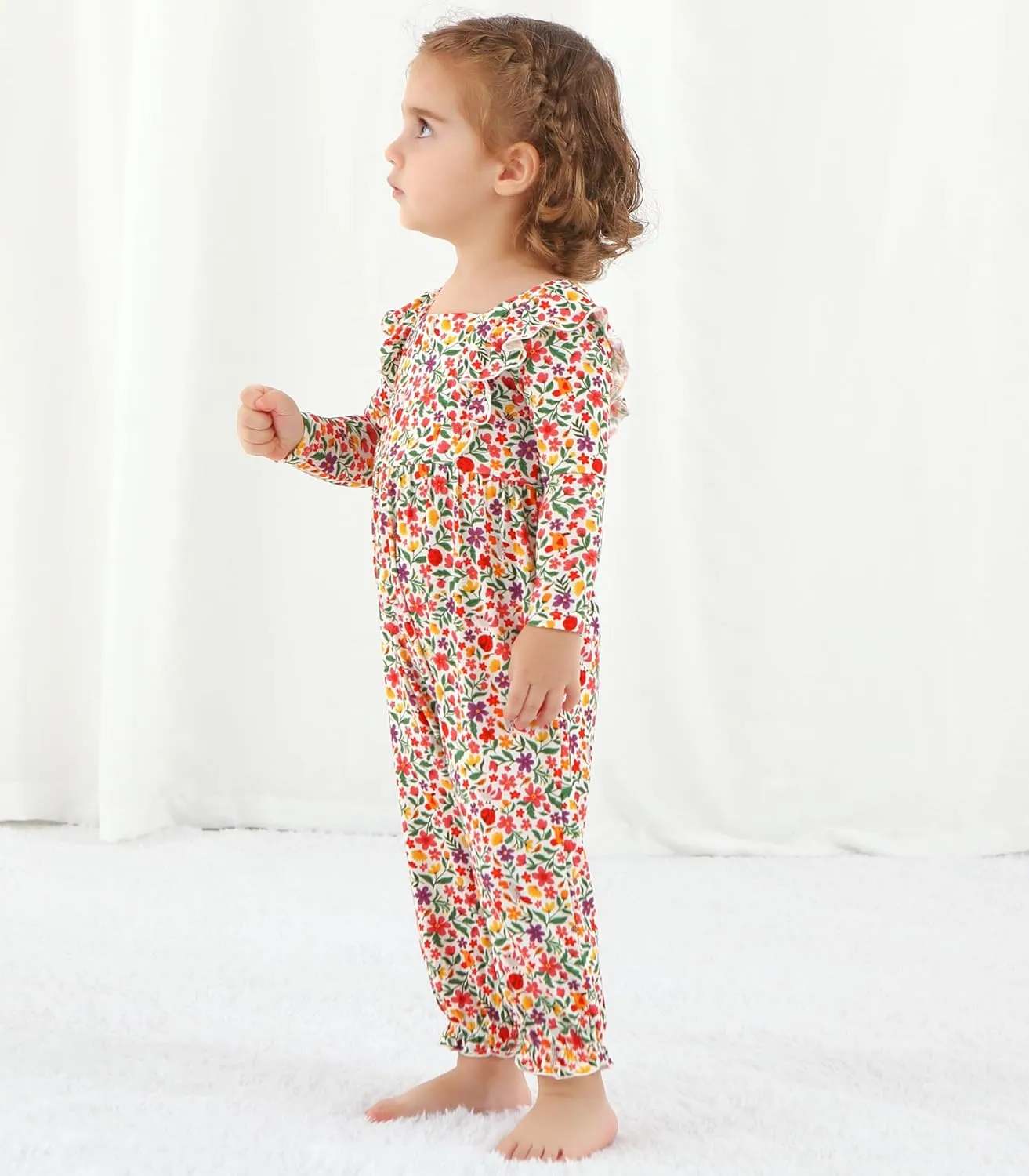 Baby Girls Rompers-Viscose Made from Bamboo,Long Sleeve Ruffle Bodysuit Zipper Clothes Infant Outfits for Girl