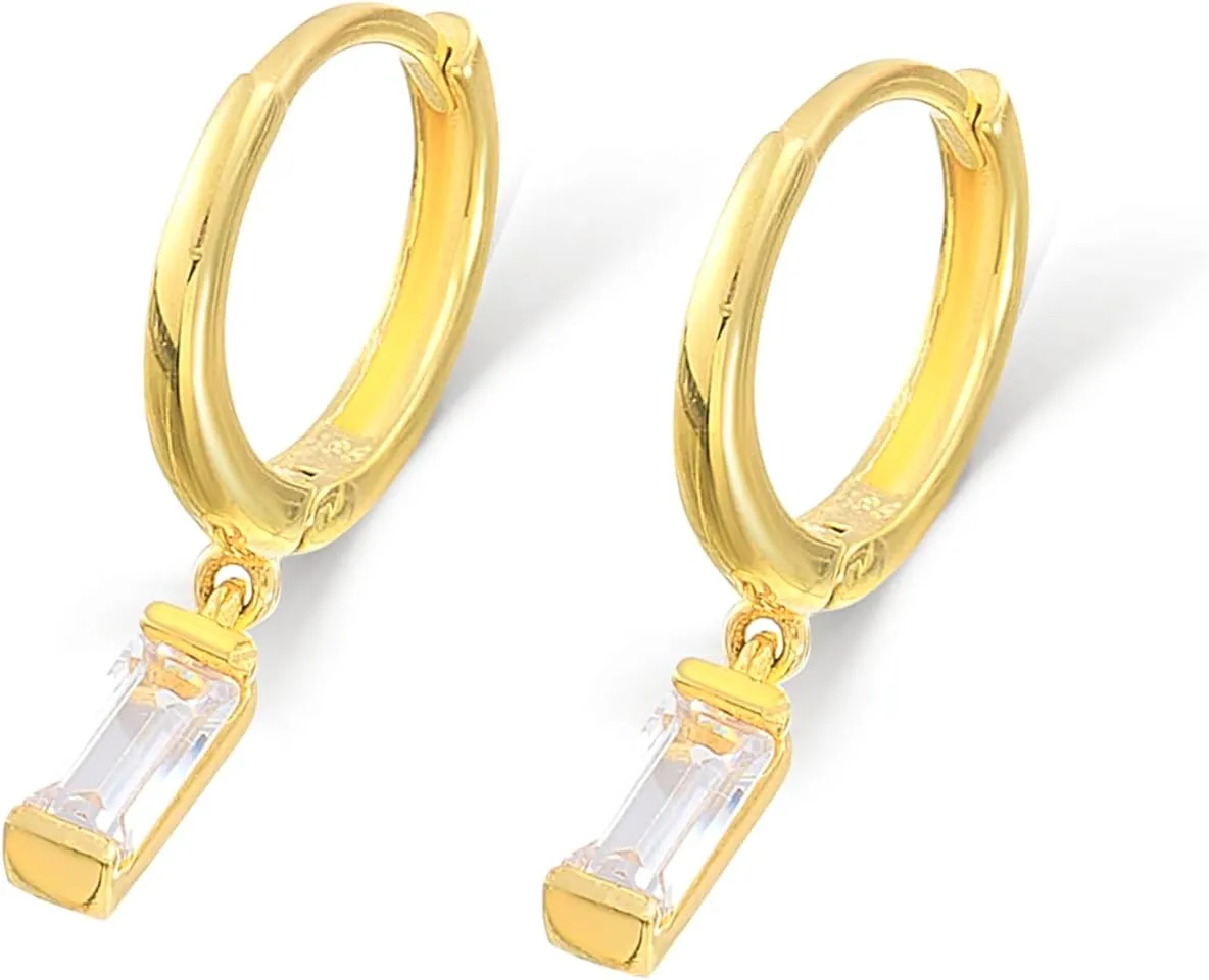 Baguette Earrings, 14K Solid Gold Engagement Earrings, Hoops Earrings, Dainty initial Baguette Earrings, Minimalist 14K Gold Anniversary Earrings