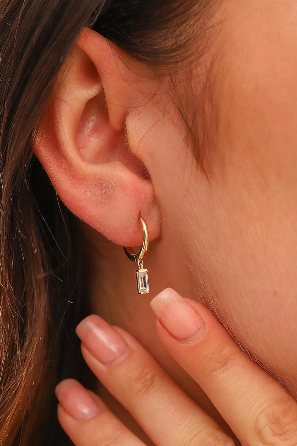 Baguette Earrings, 14K Solid Gold Engagement Earrings, Hoops Earrings, Dainty initial Baguette Earrings, Minimalist 14K Gold Anniversary Earrings