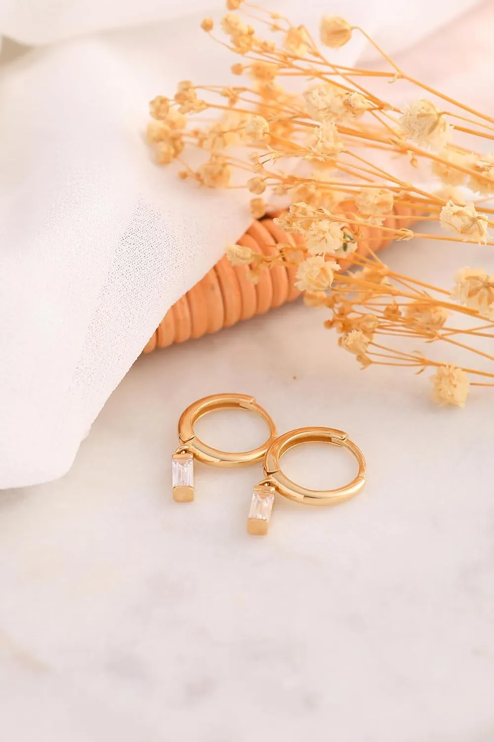 Baguette Earrings, 14K Solid Gold Engagement Earrings, Hoops Earrings, Dainty initial Baguette Earrings, Minimalist 14K Gold Anniversary Earrings