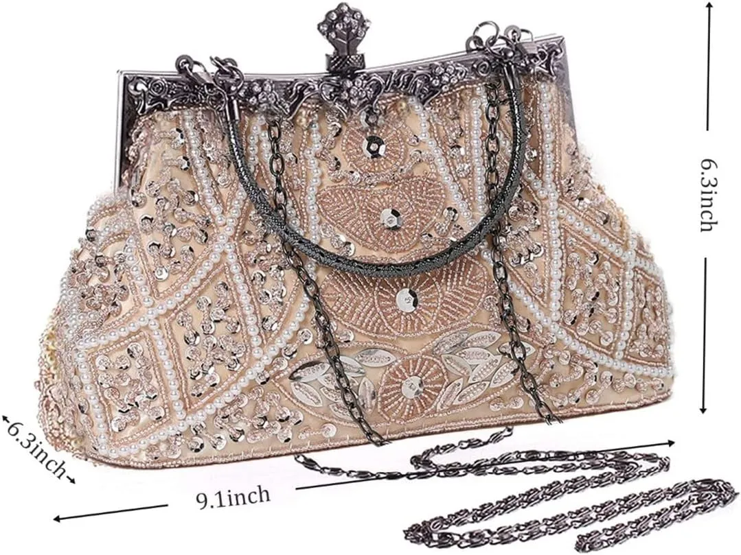 Beaded Sequin Design Flower Evening Bag Purse Large Clutch Bag
