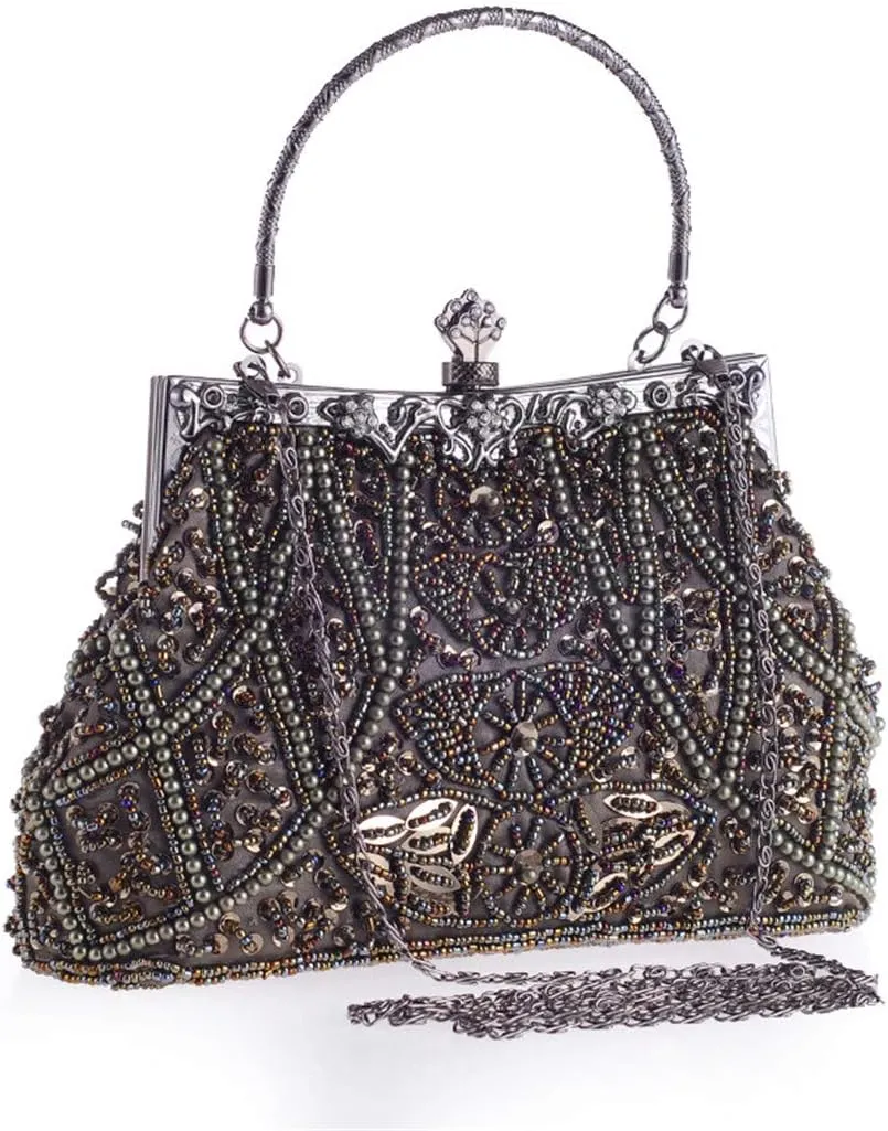 Beaded Sequin Design Flower Evening Bag Purse Large Clutch Bag