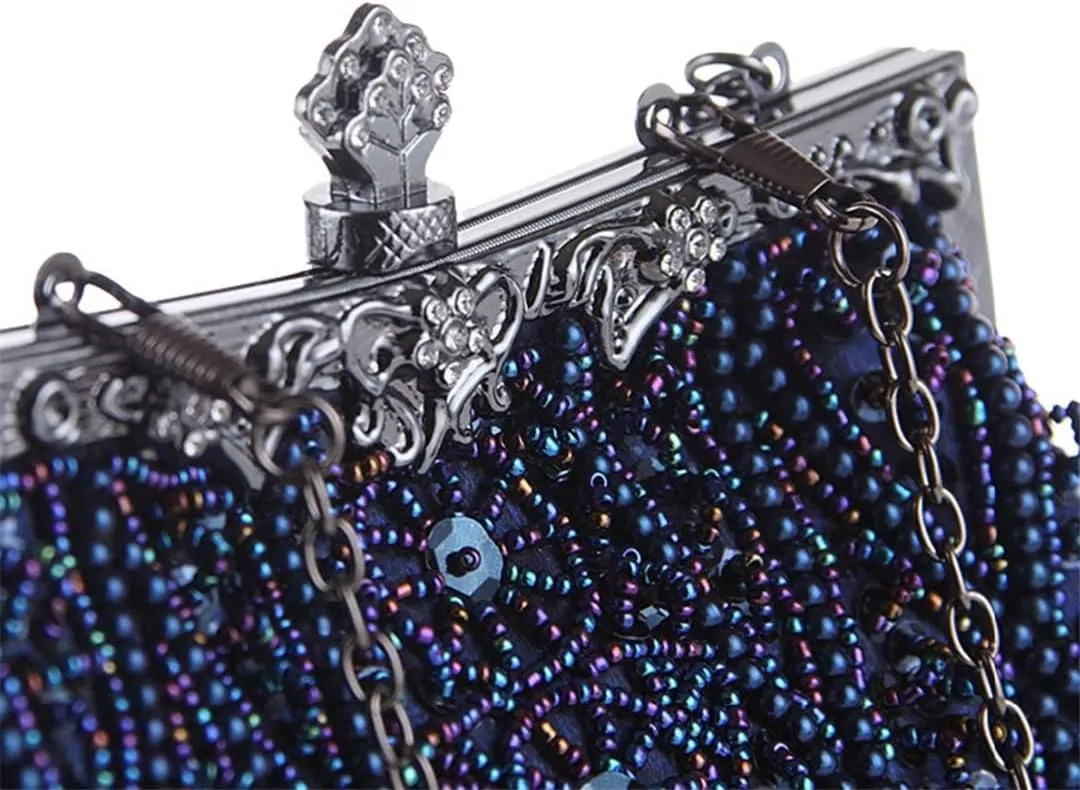 Beaded Sequin Design Flower Evening Bag Purse Large Clutch Bag