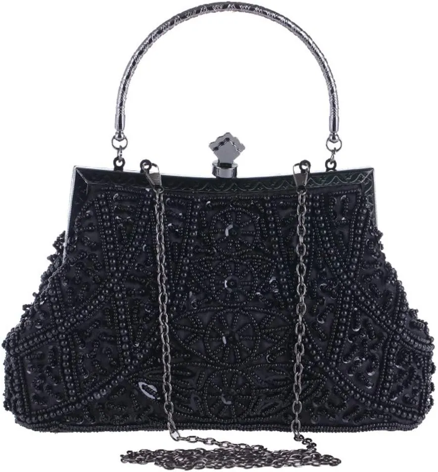 Beaded Sequin Design Flower Evening Bag Purse Large Clutch Bag