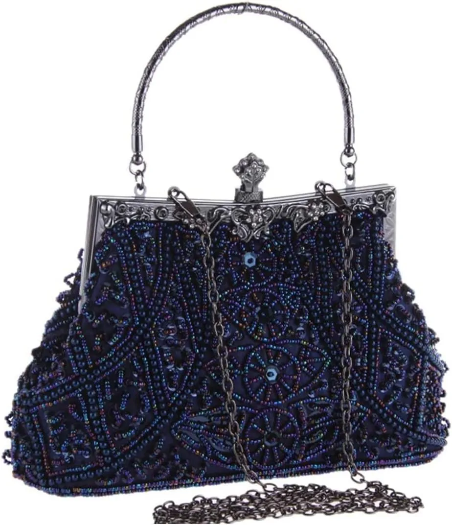 Beaded Sequin Design Flower Evening Bag Purse Large Clutch Bag