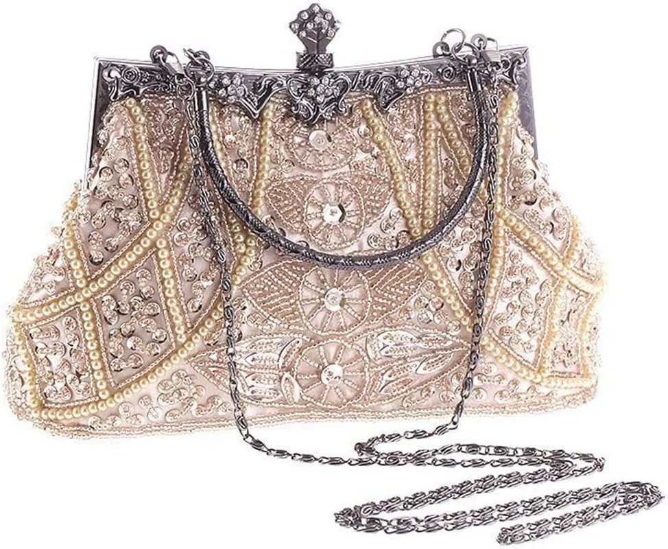Beaded Sequin Design Flower Evening Bag Purse Large Clutch Bag