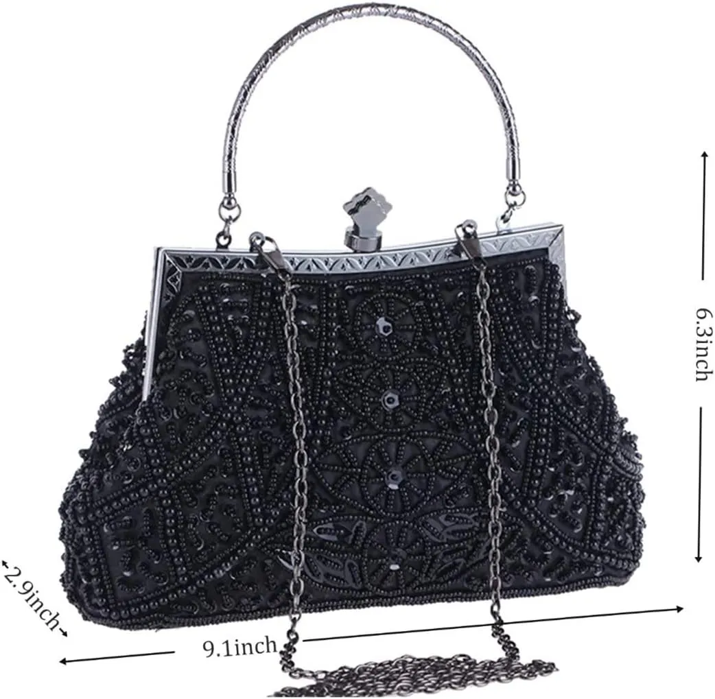 Beaded Sequin Design Flower Evening Bag Purse Large Clutch Bag