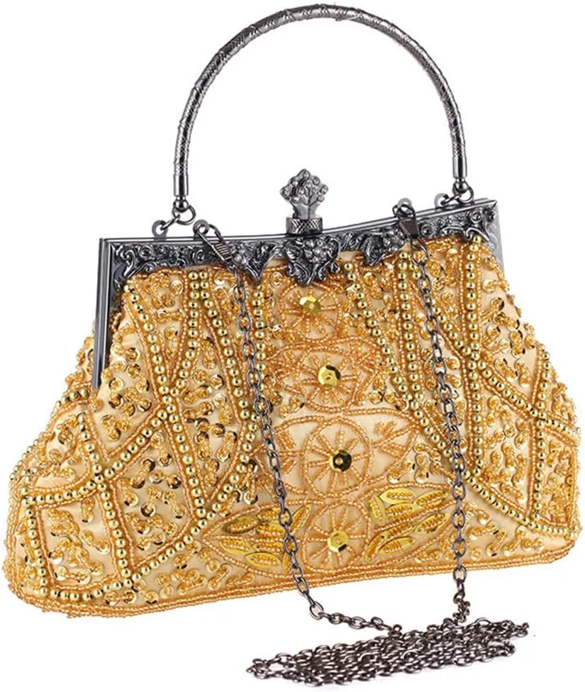 Beaded Sequin Design Flower Evening Bag Purse Large Clutch Bag