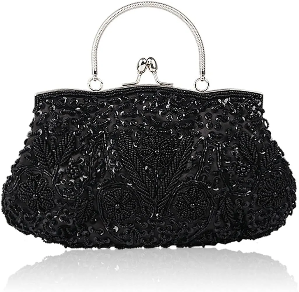 Beaded Sequin Design Flower Women's Vintage Evening Bag Purse Large Clutch Bag