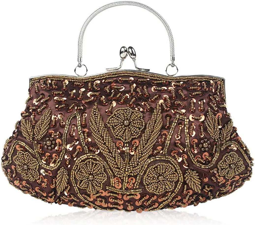 Beaded Sequin Design Flower Women's Vintage Evening Bag Purse Large Clutch Bag