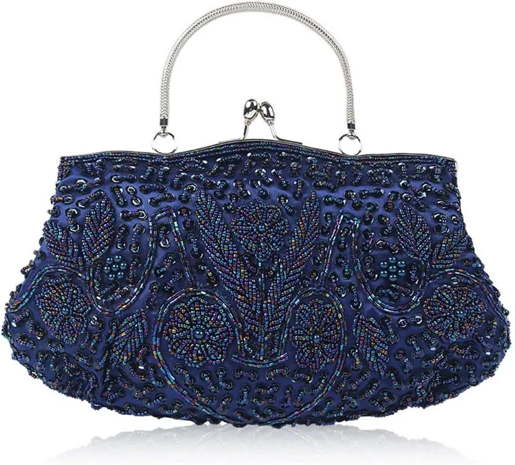 Beaded Sequin Design Flower Women's Vintage Evening Bag Purse Large Clutch Bag