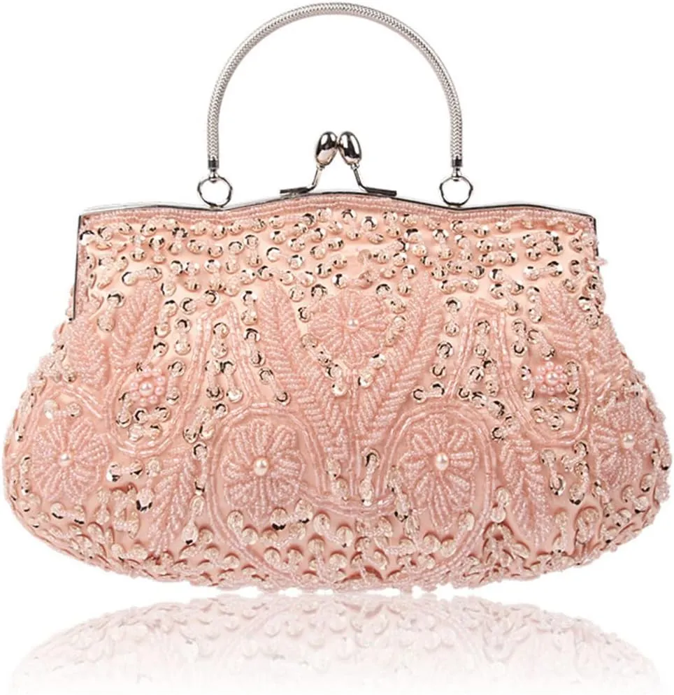 Beaded Sequin Design Flower Women's Vintage Evening Bag Purse Large Clutch Bag
