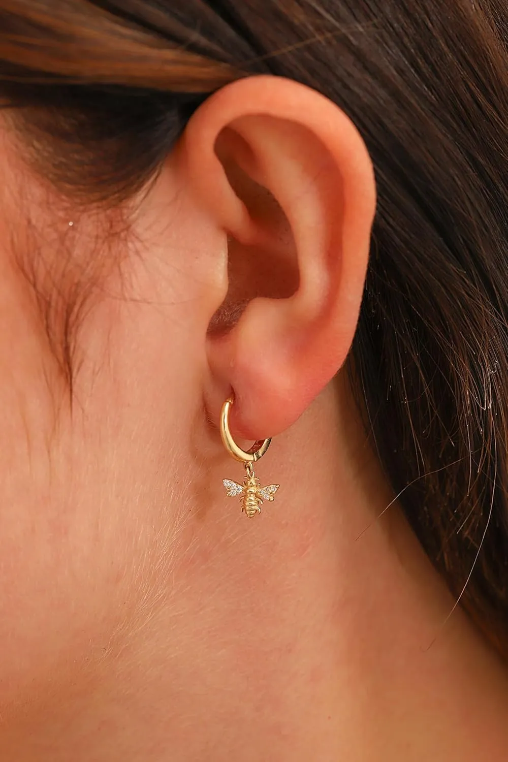 Bee Earrings, 14K Solid Gold Animal Earrings, Dainty initial Bee Earrings, Hoops Earrings, Minimalist 14K Gold Bee Earrings, Christmas Gift
