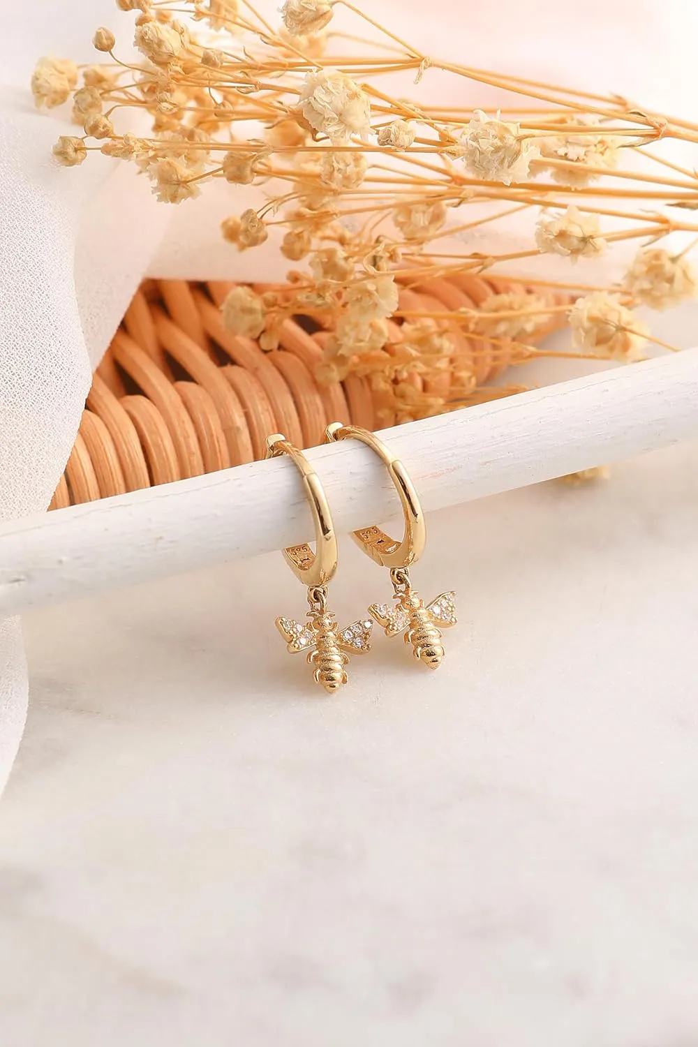 Bee Earrings, 14K Solid Gold Animal Earrings, Dainty initial Bee Earrings, Hoops Earrings, Minimalist 14K Gold Bee Earrings, Christmas Gift