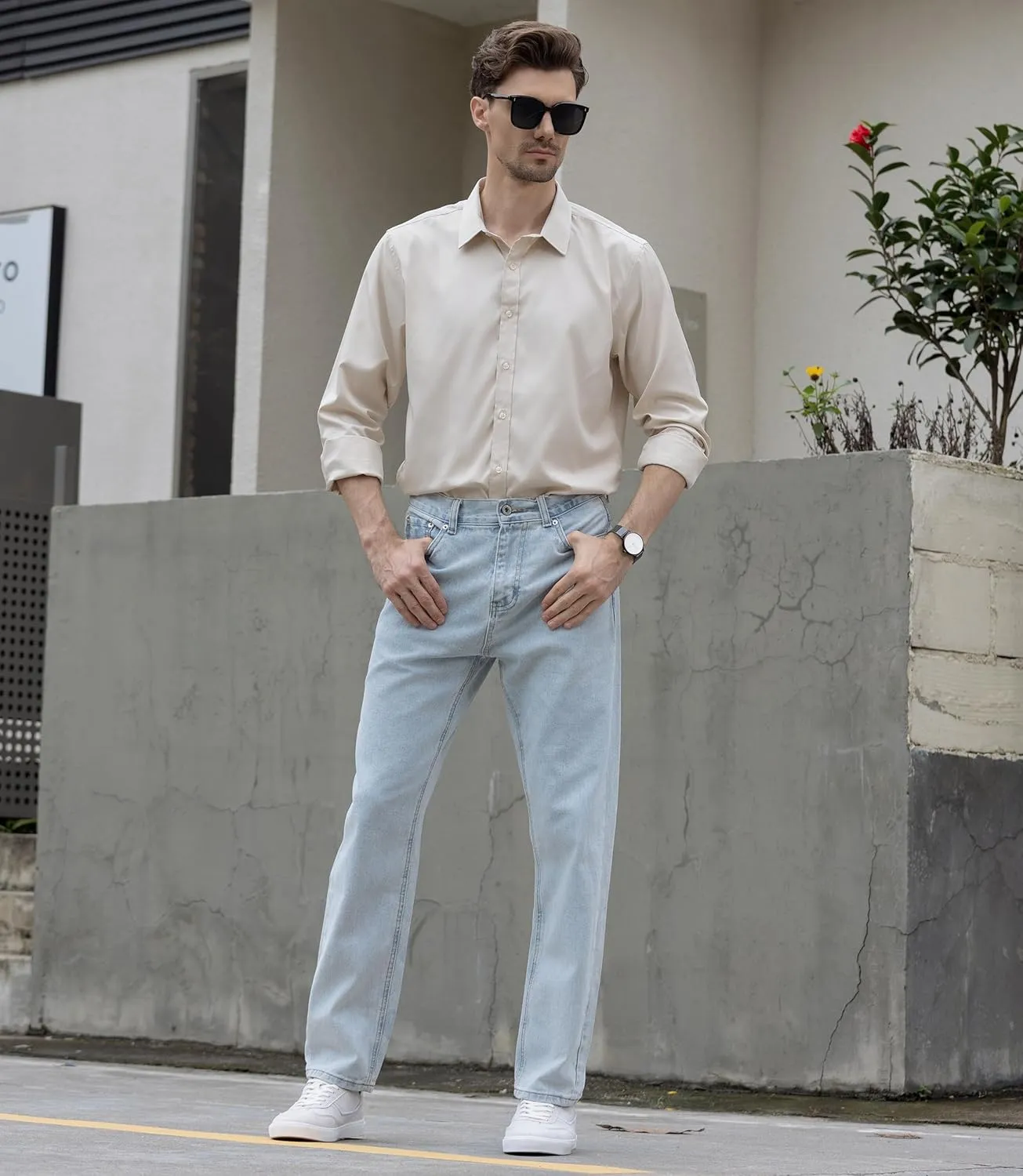 Beninos Men's Dress Shirts Slim Fit Solid Long Sleeve Casual Button Down Shirts