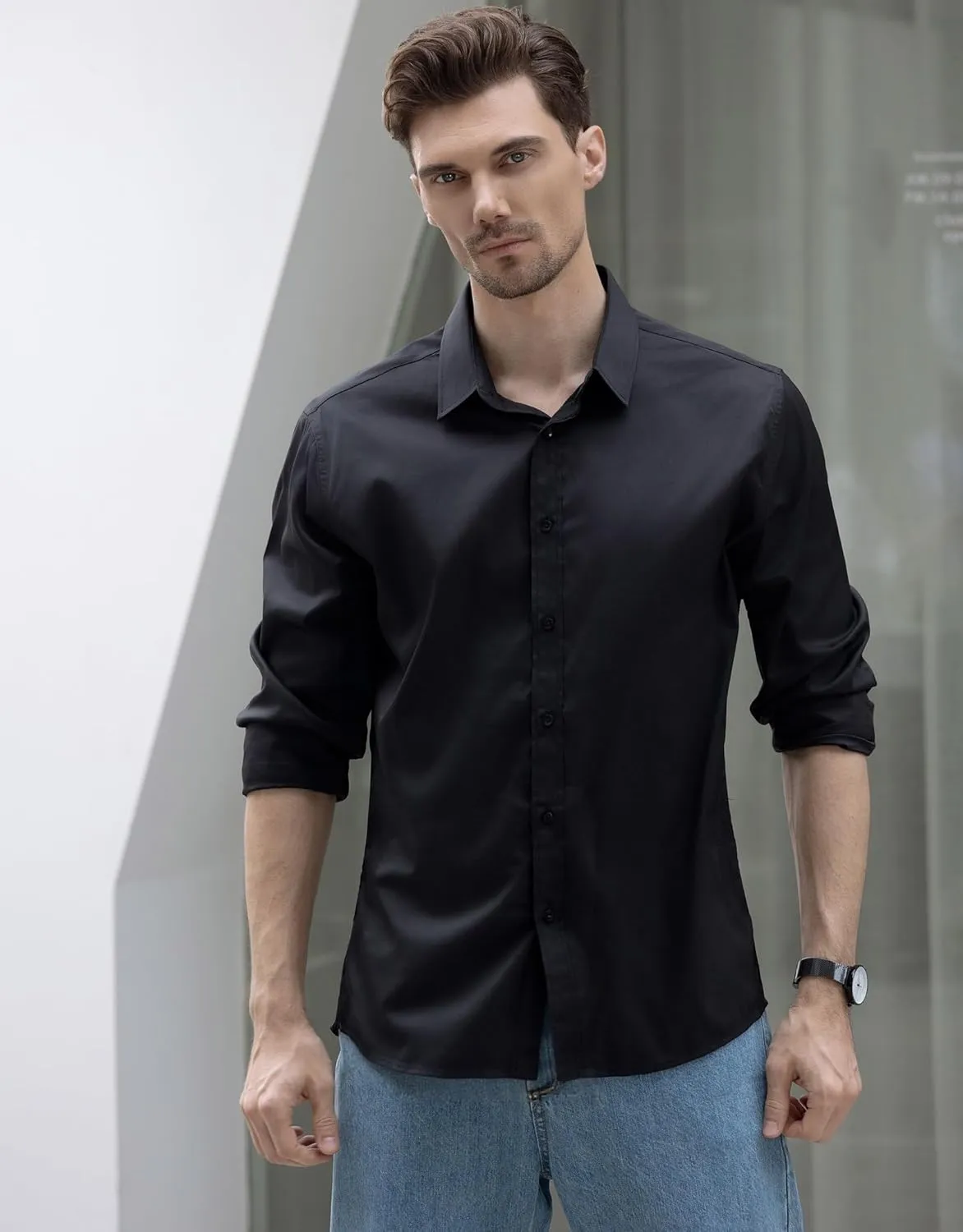 Beninos Men's Dress Shirts Slim Fit Solid Long Sleeve Casual Button Down Shirts