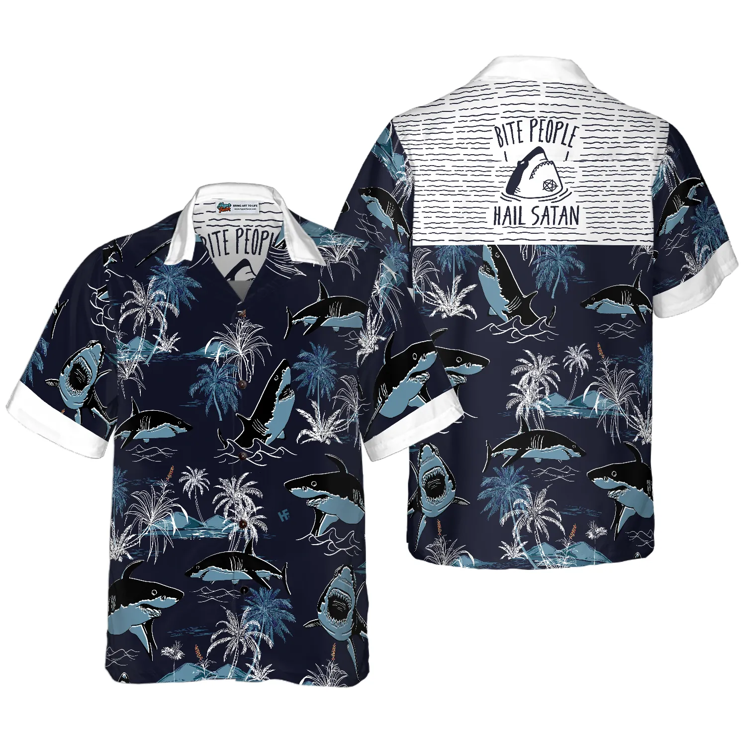 Bite People Hail Satan Shark Hawaiian Shirt