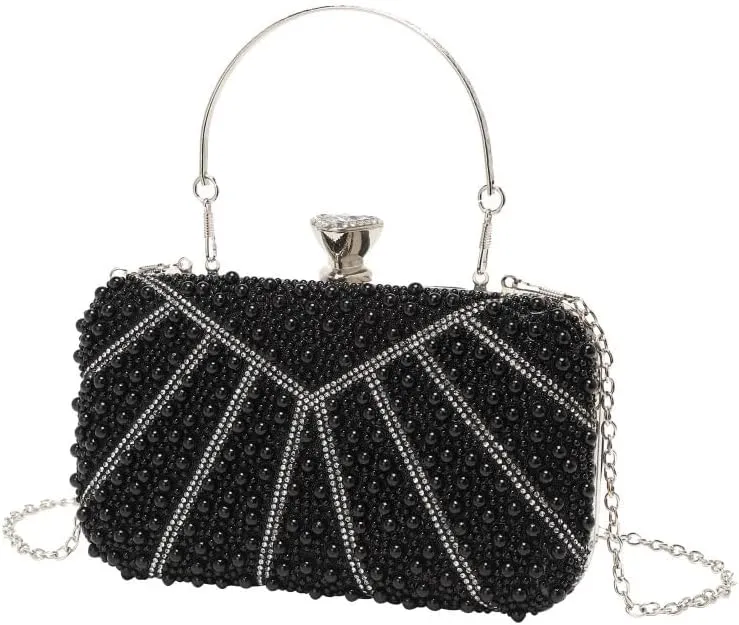 Black Imitation Pearls Clutch Purses Women's Versatile Evening Bag