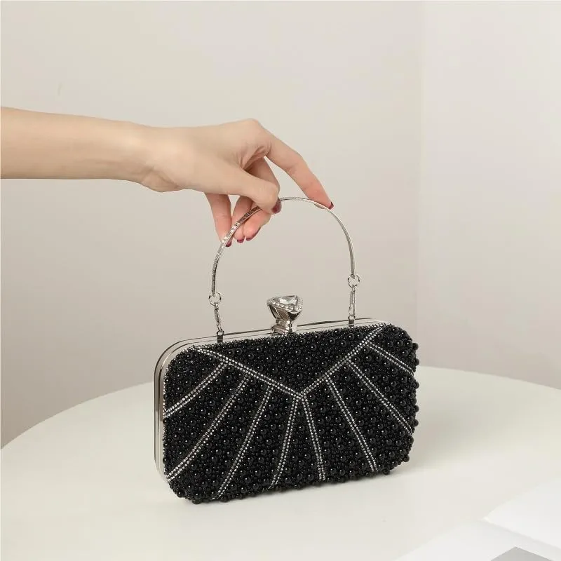 Black Imitation Pearls Clutch Purses Women's Versatile Evening Bag