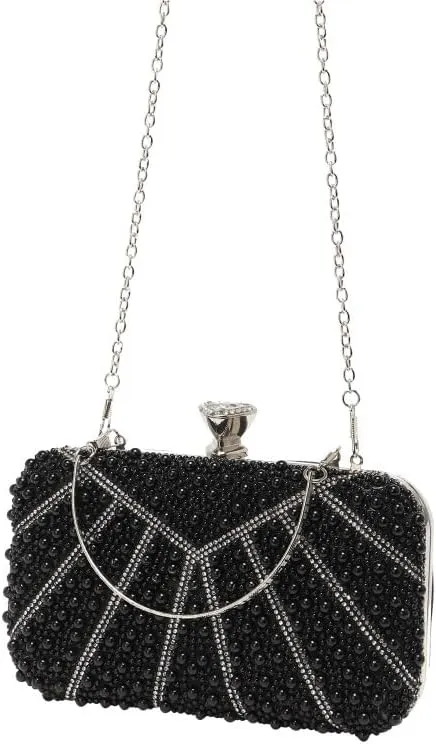 Black Imitation Pearls Clutch Purses Women's Versatile Evening Bag