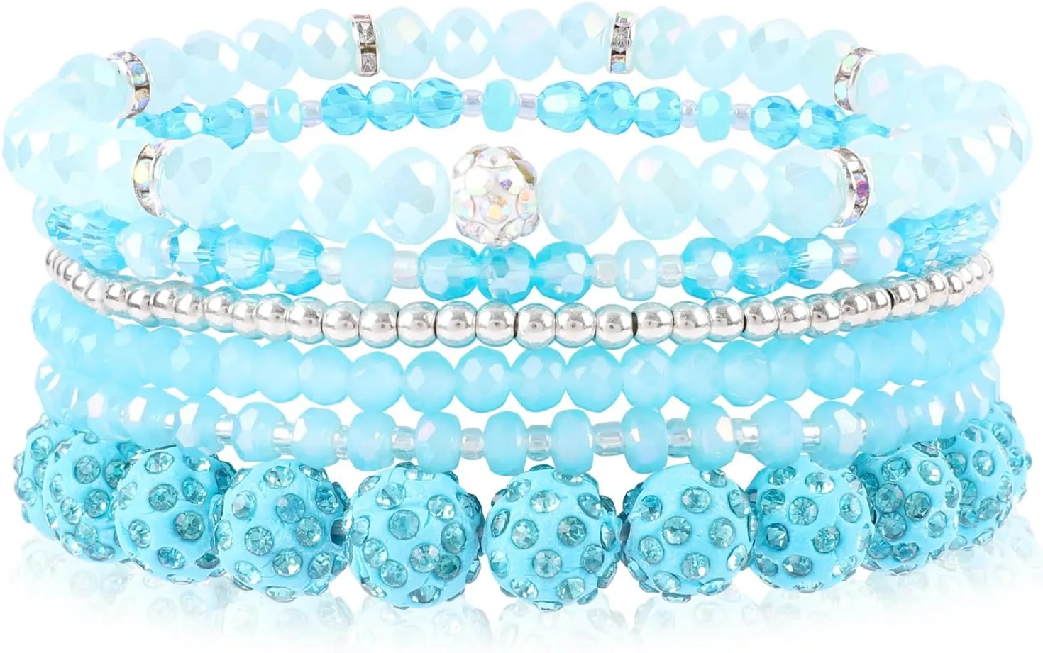 Blue Beaded Bracelets for Women Ocean Theme Multilayered Disco Ball Beads Stretch Bracelets Handmade Stackable Faceted Glass Beads Statement Bracelet Set Summer Vacation Beach Fashion Jewelry Gifts