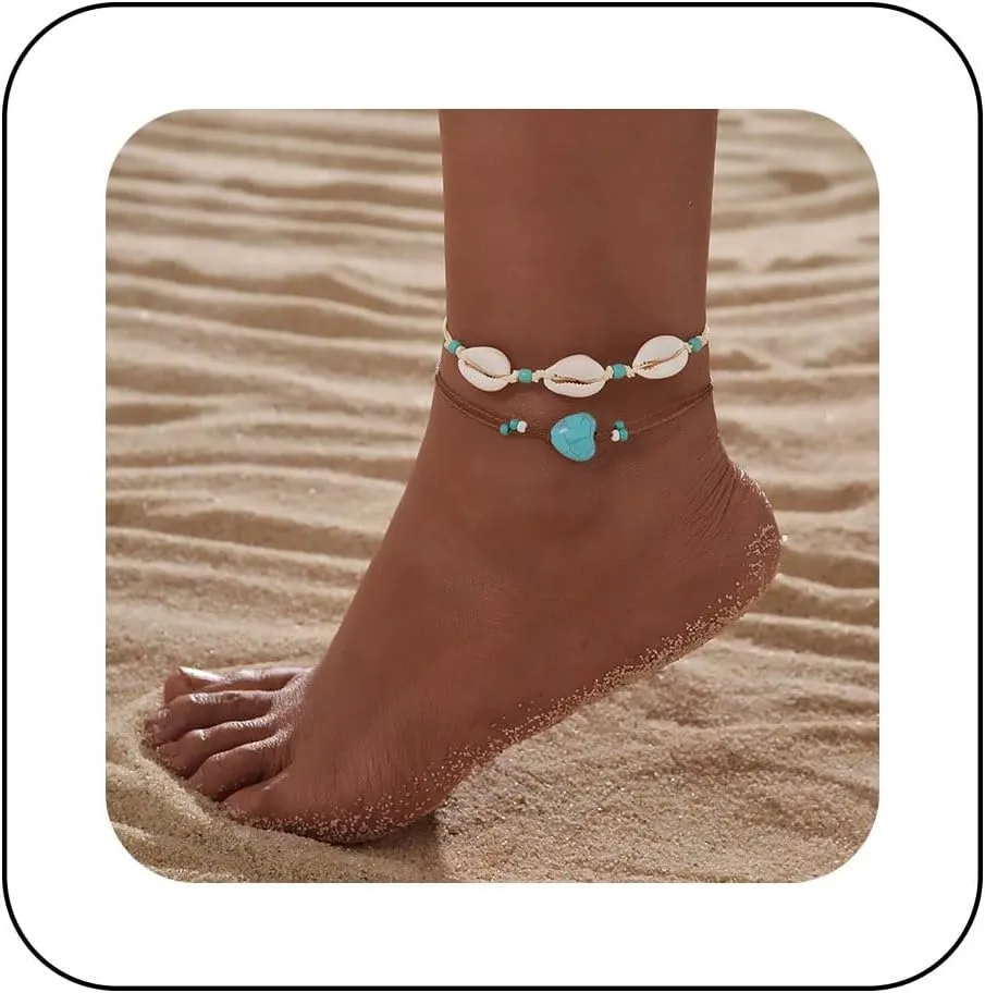 Bohemian Layered Cowrie Shell Ankle Bracelet Turquoise Heart Anklet Chain Heart Turquoise Anklet Brown Woven Rope Anklets Adjustable Shell Anklets Summer Beach Foot Chain Jewelry