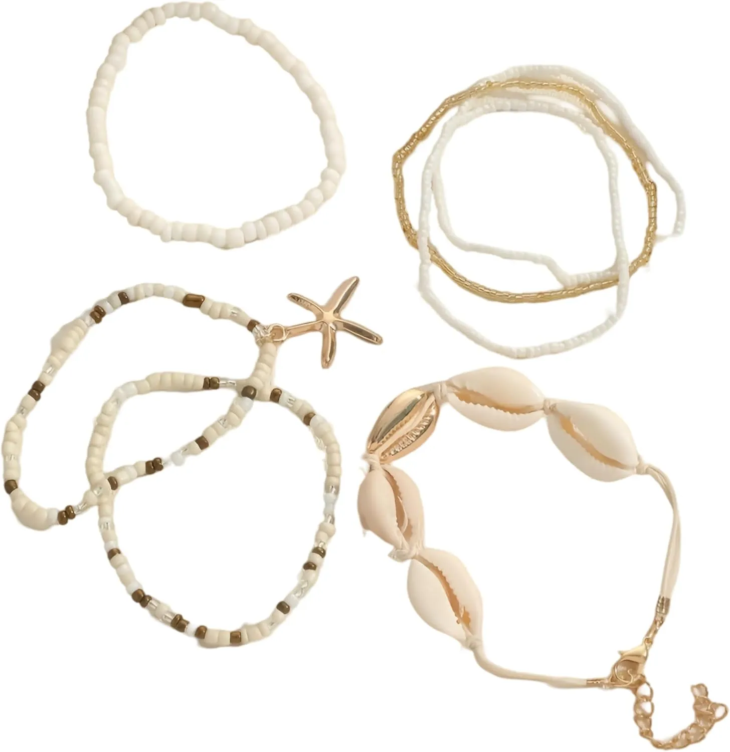 Boho Jewelry for Women Bracelet Set  7pcs Handmade Beaded Bracelets with Starfish & Shell Pendants, Adjustable Stackable Summer Ocean Themed Accessories, White Cowrie Beach Charm Bangles