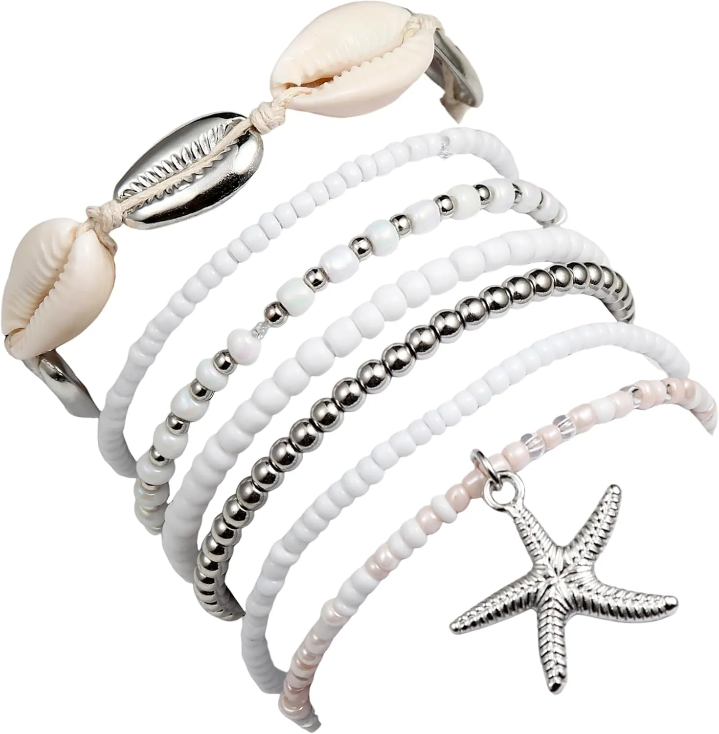 Boho Layered Shell Bracelets Set Bohemian Beaded Seashell Bracelets Stretchable Starfish Bracekets for Women Beach Jewelry