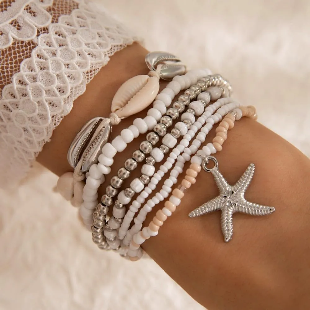 Boho Layered Shell Bracelets Set Bohemian Beaded Seashell Bracelets Stretchable Starfish Bracekets for Women Beach Jewelry