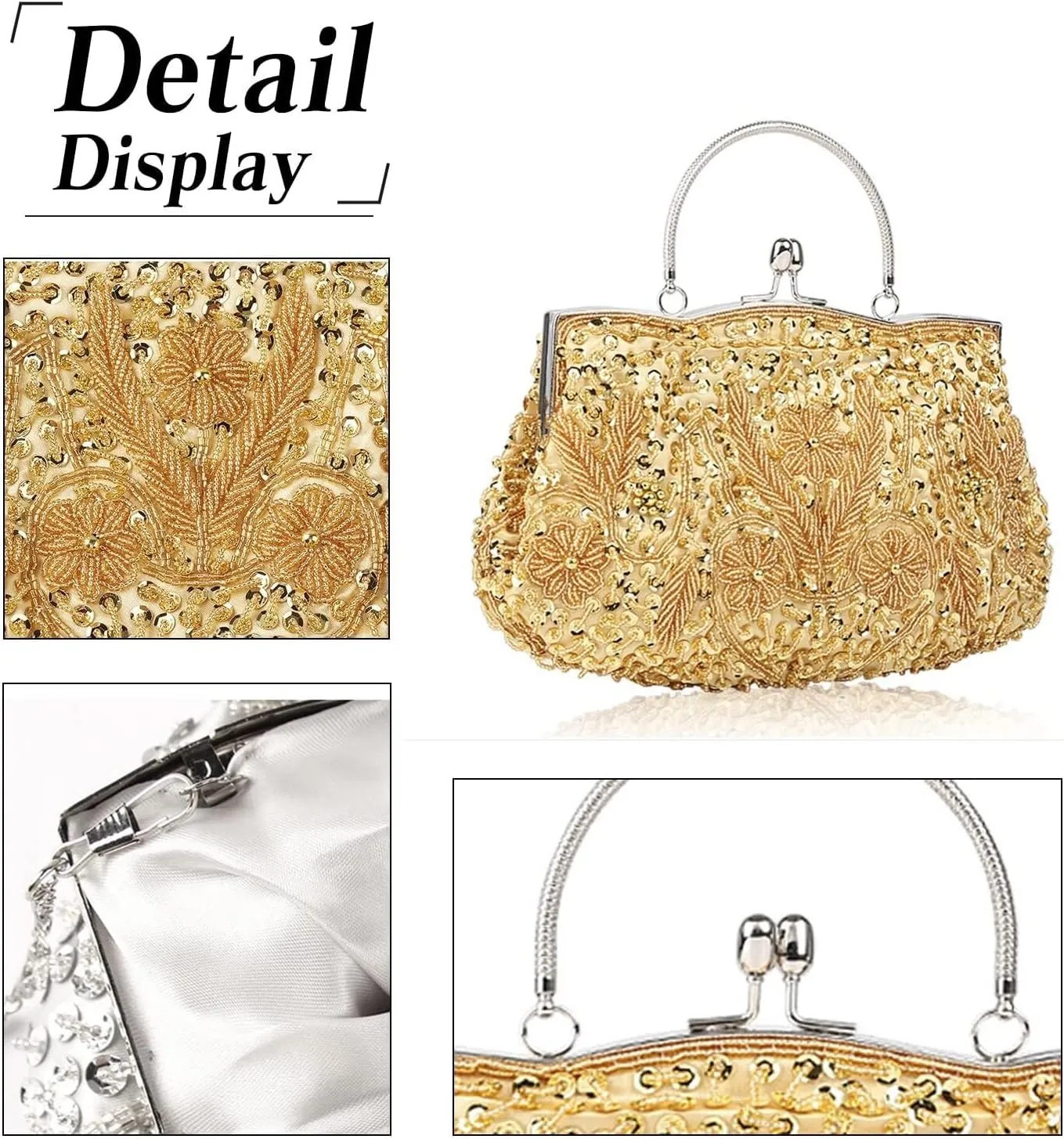 Bridal Wedding Purse Fashion Shoulder Glitter Crossbody Evening Clutch for Women Vintage Beaded Sequin Handbag