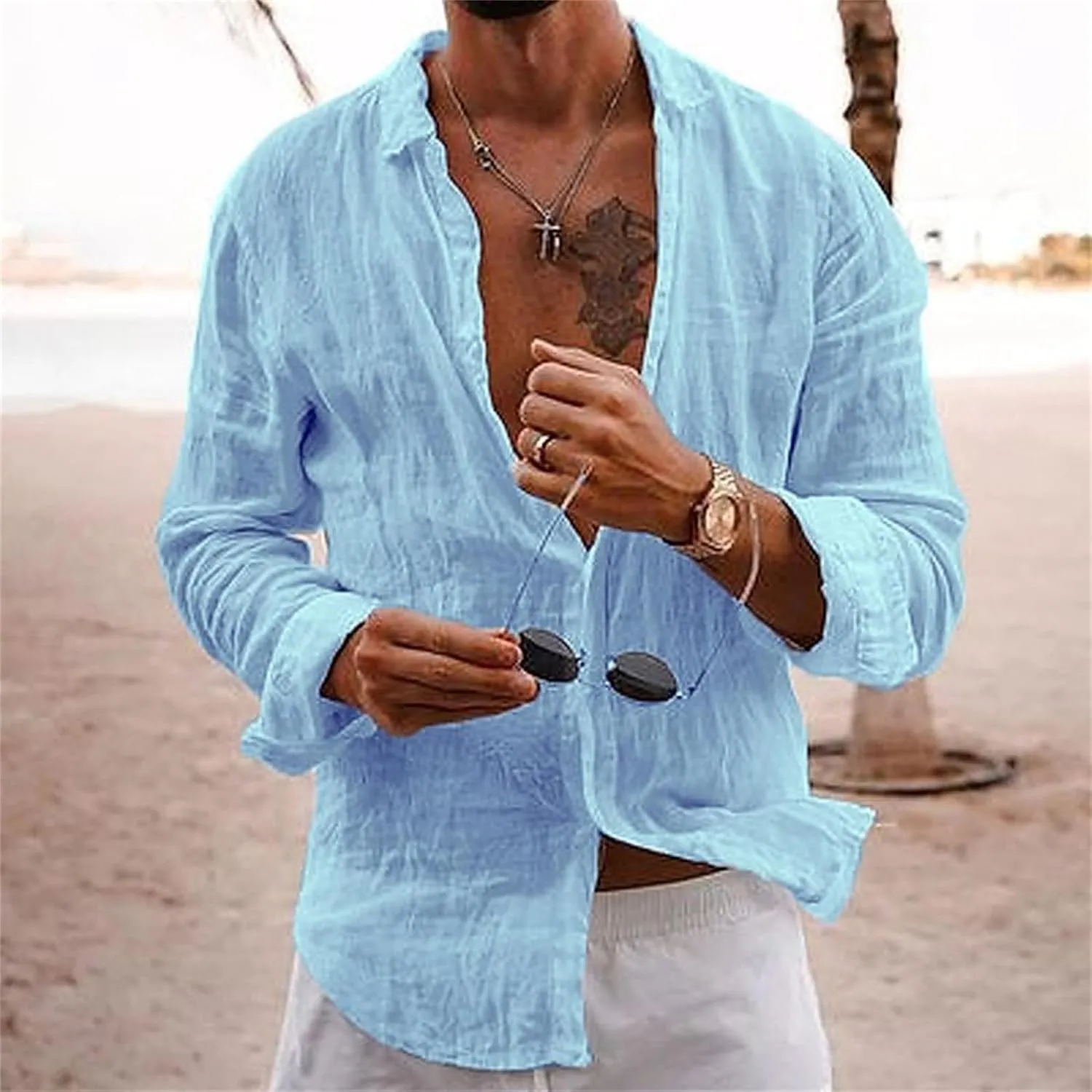 Button Down Linen Shirts for Men Casual Summer Beach Shirts Hipster Regular Fit Long Sleeve Shirts Everyday Clothing