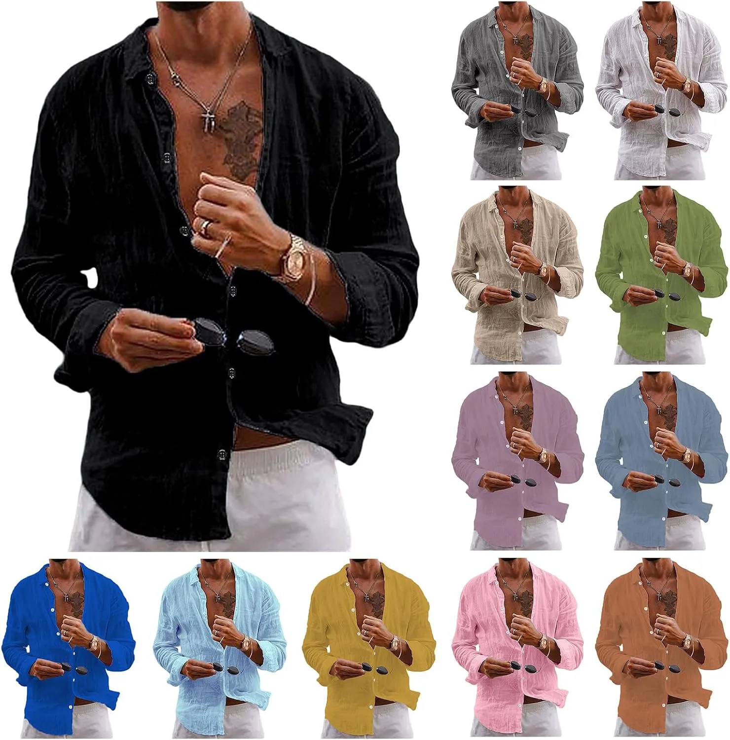 Button Down Linen Shirts for Men Casual Summer Beach Shirts Hipster Regular Fit Long Sleeve Shirts Everyday Clothing