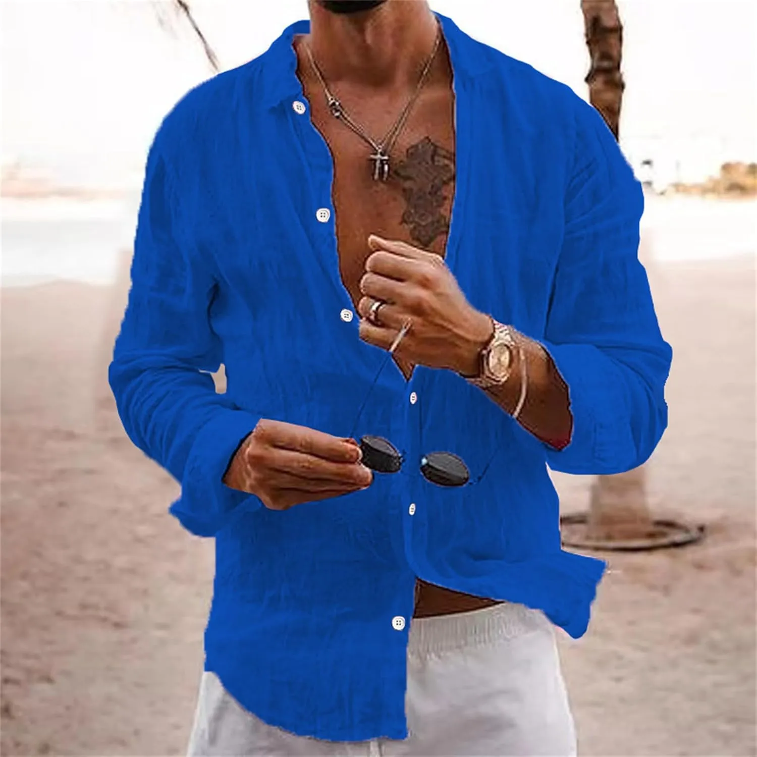 Button Down Linen Shirts for Men Casual Summer Beach Shirts Hipster Regular Fit Long Sleeve Shirts Everyday Clothing