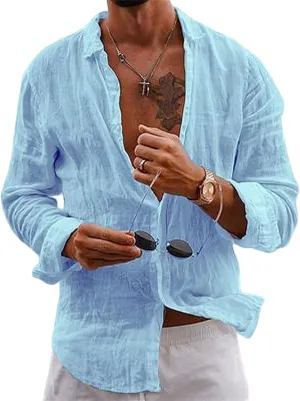Button Down Linen Shirts for Men Casual Summer Beach Shirts Hipster Regular Fit Long Sleeve Shirts Everyday Clothing