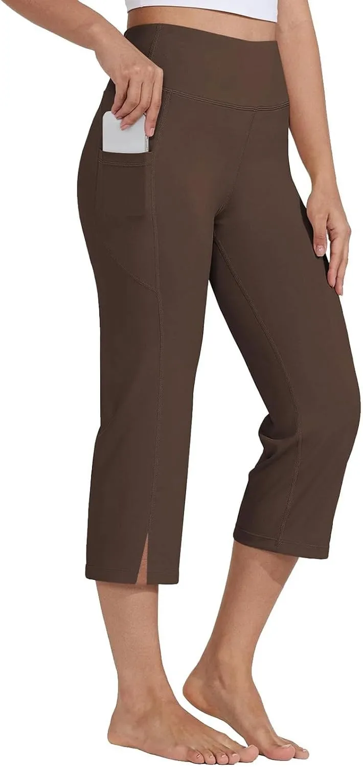 Capri Pants for Women Dressy Casual Stretch Wide Leg Yoga Dress Capris Summer Loose Split Work Crop Pant with Pocket