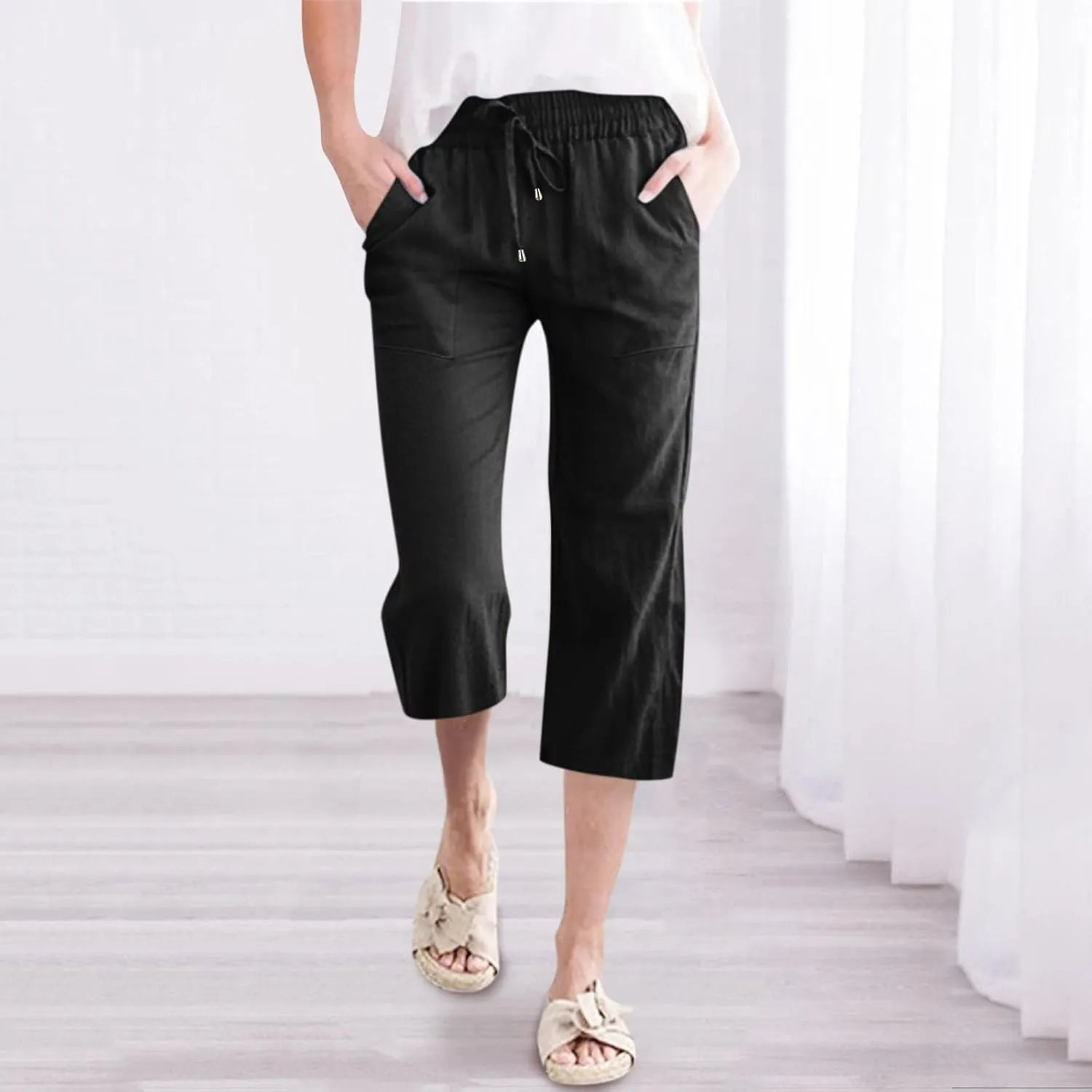 Capris Pants for Women Cotton Linen Casual Summer Plus Size Wide Leg Pants Drawstring Elastic Waist Cropped Trouser