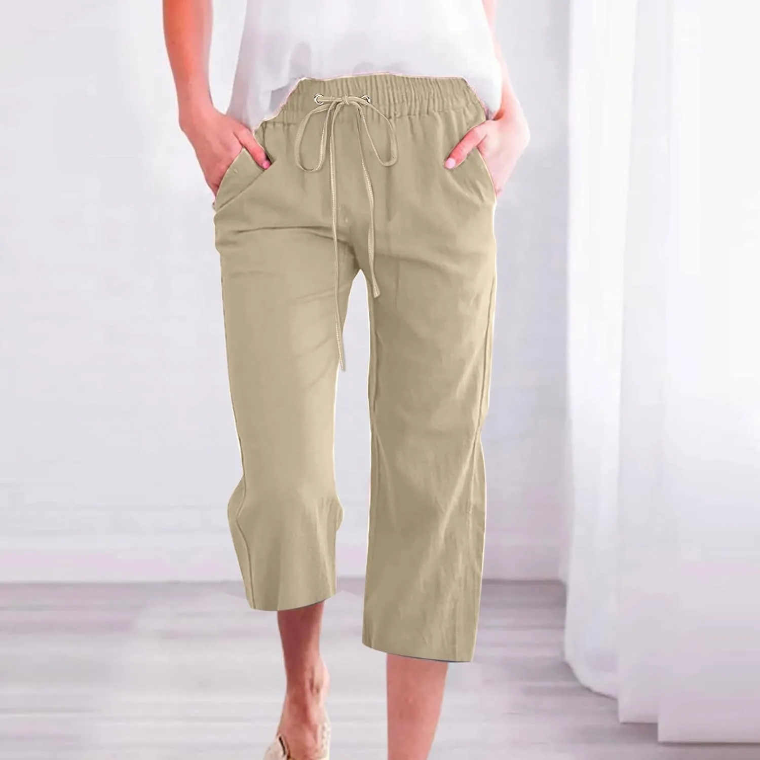 Capris Pants for Women Cotton Linen Casual Summer Plus Size Wide Leg Pants Drawstring Elastic Waist Cropped Trouser