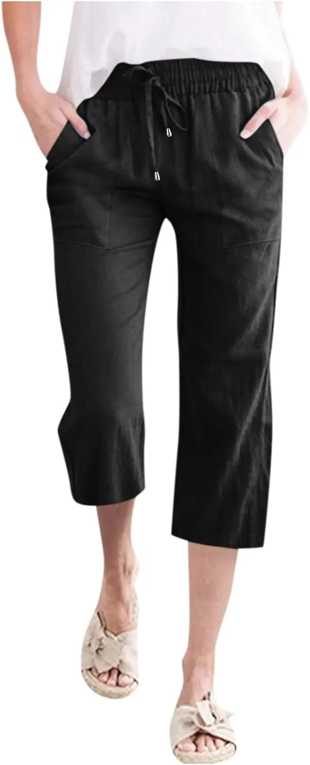 Capris Pants for Women Cotton Linen Casual Summer Plus Size Wide Leg Pants Drawstring Elastic Waist Cropped Trouser