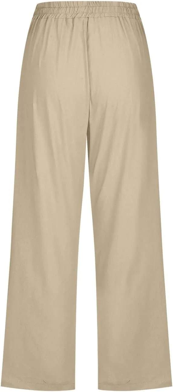 Capris Pants for Women Cotton Linen Casual Summer Plus Size Wide Leg Pants Drawstring Elastic Waist Cropped Trouser
