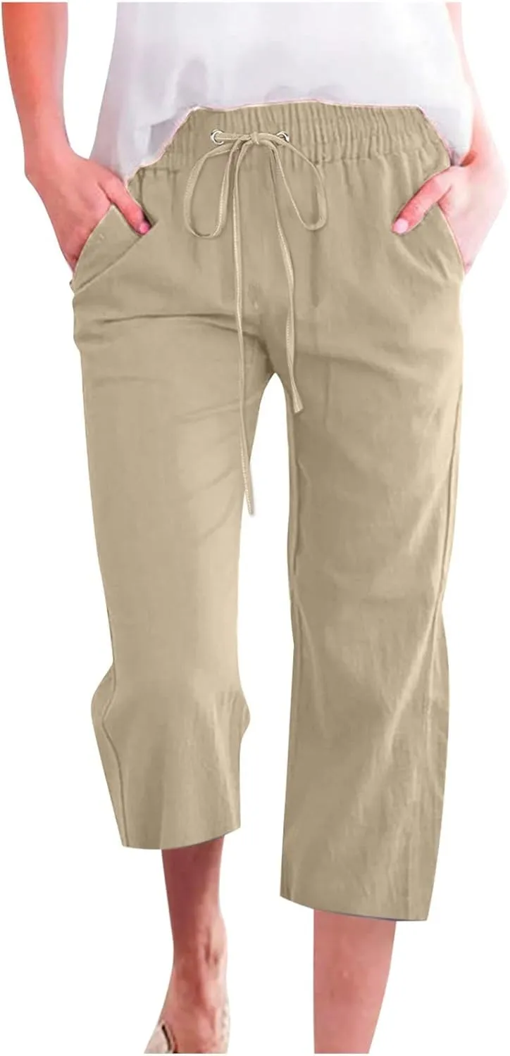 Capris Pants for Women Cotton Linen Casual Summer Plus Size Wide Leg Pants Drawstring Elastic Waist Cropped Trouser