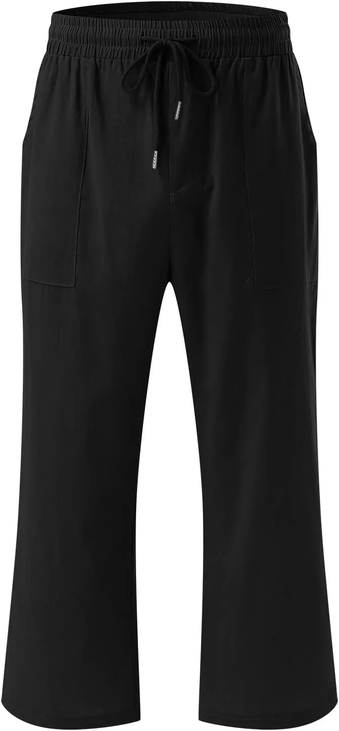 Capris Pants for Women Cotton Linen Casual Summer Plus Size Wide Leg Pants Drawstring Elastic Waist Cropped Trouser