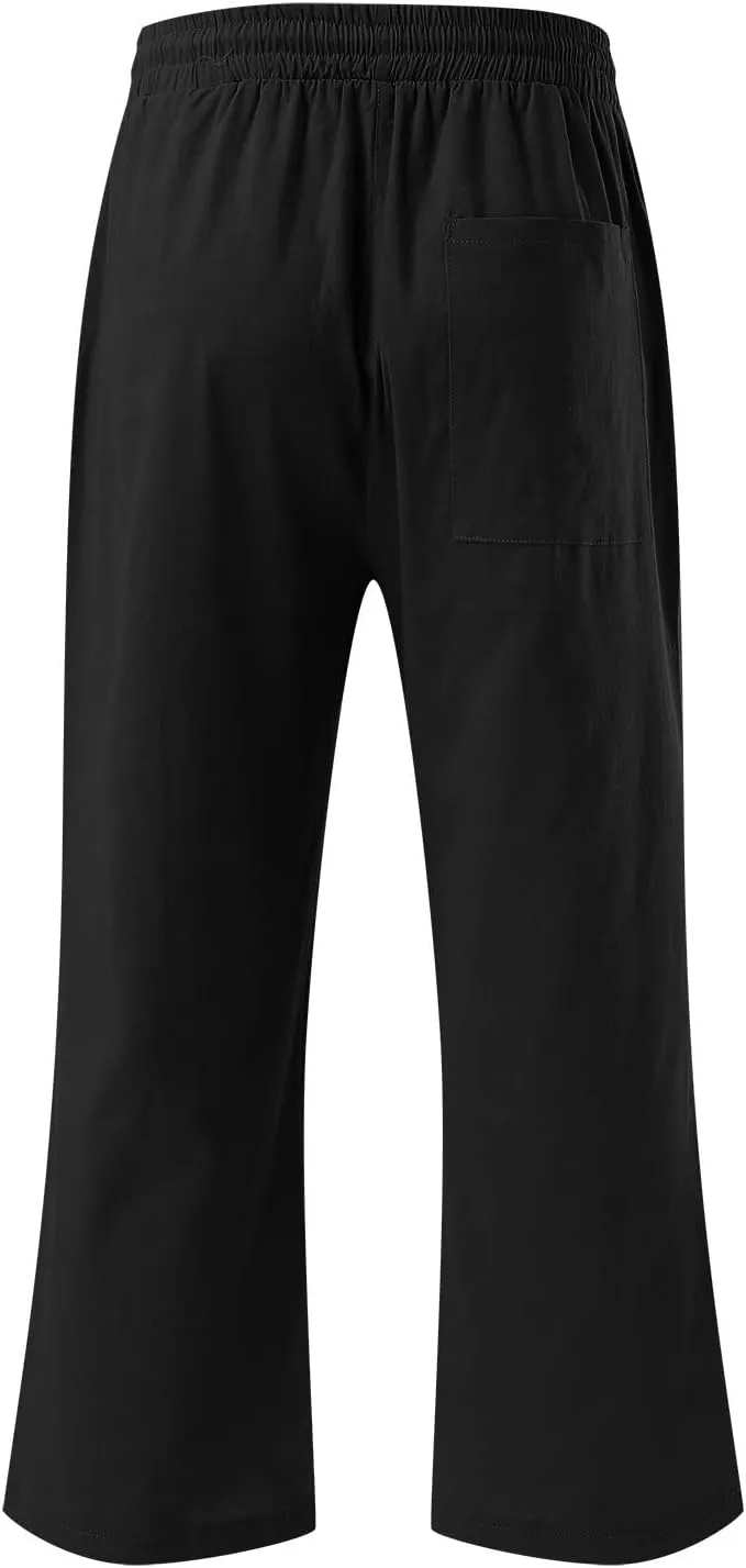 Capris Pants for Women Cotton Linen Casual Summer Plus Size Wide Leg Pants Drawstring Elastic Waist Cropped Trouser